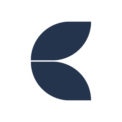 Logotipo simétrico con dos formas curvas estilo hoja, en tono azul oscuro, con composición vertical abstracta. Simbolizan el equilibrio, la transformación personal y el crecimiento desde el presente.